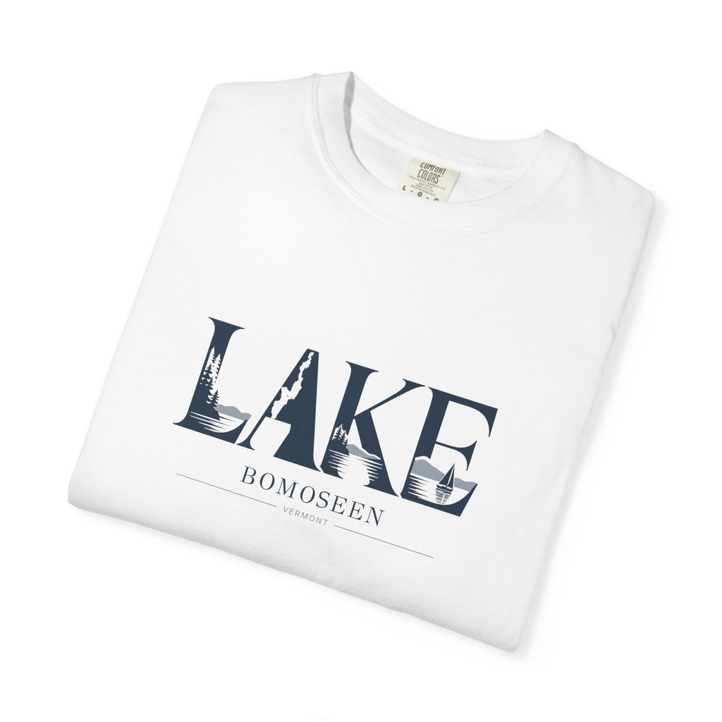 Lake Bomoseen Vermont T-Shirt | LAKE Wordmark Graphic Tee | Vermont Lake Silhouette Shirt | Comfort Colors Unisex Tee