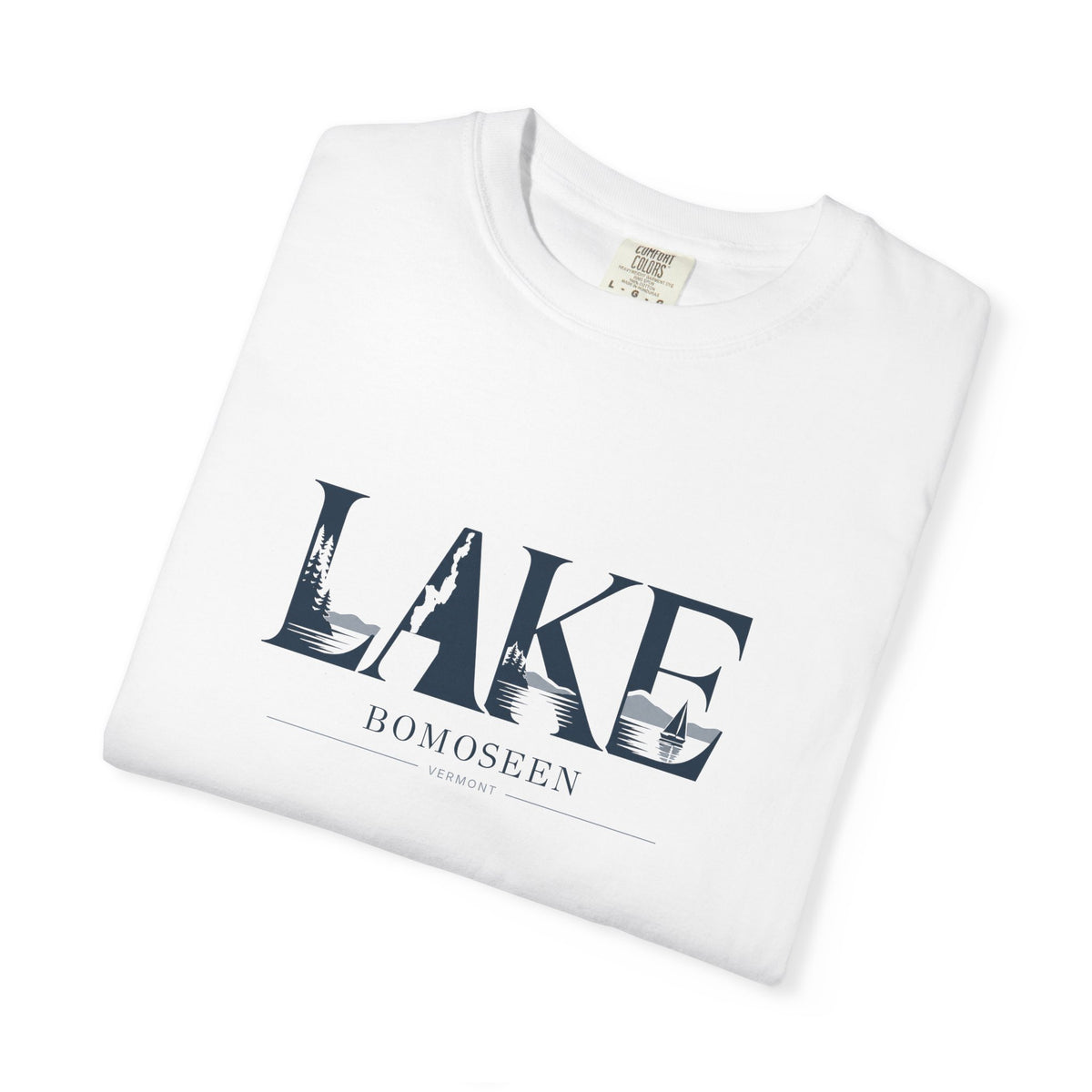 Lake Bomoseen Vermont T-Shirt | LAKE Wordmark Graphic Tee | Vermont Lake Silhouette Shirt | Comfort Colors Unisex Tee