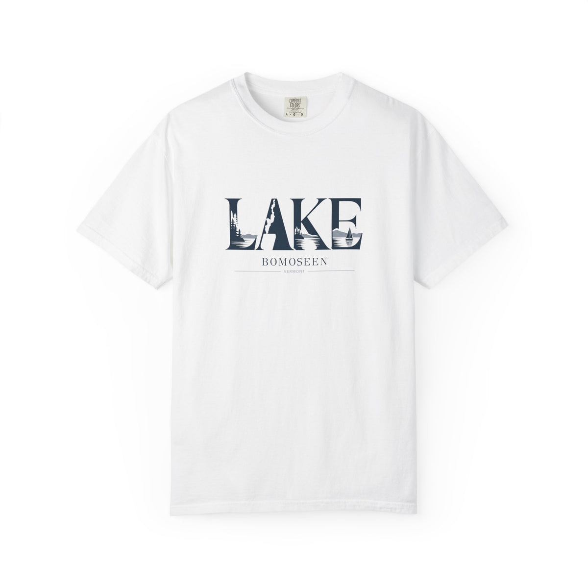 Lake Bomoseen Vermont T-Shirt | LAKE Wordmark Graphic Tee | Vermont Lake Silhouette Shirt | Comfort Colors Unisex Tee