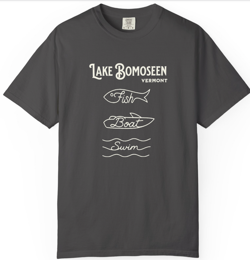 Lake Bomoseen Vermont "Fish • Boat • Swim" T-Shirt