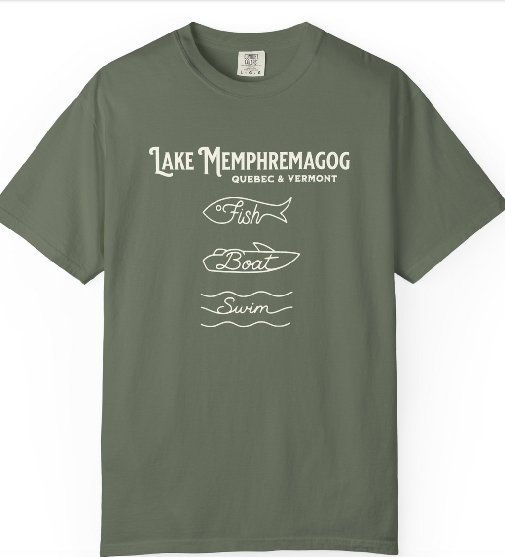 Lake Memphremagog Vermont "Fish • Boat • Swim" T-Shirt