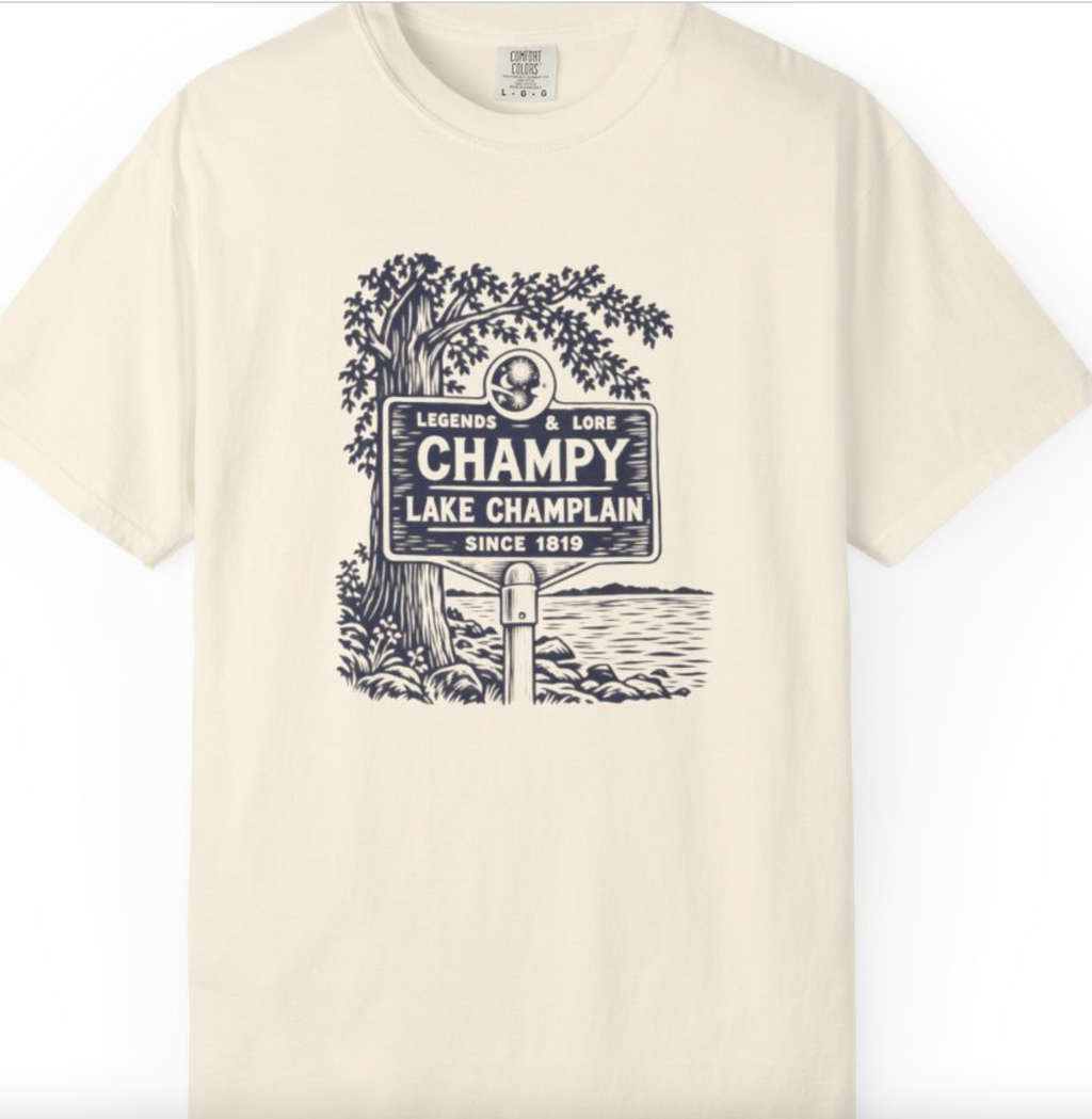Lake Champlain "Champy" Tee — Vintage Mermaid/Nessie Sign Graphic T-Shirt