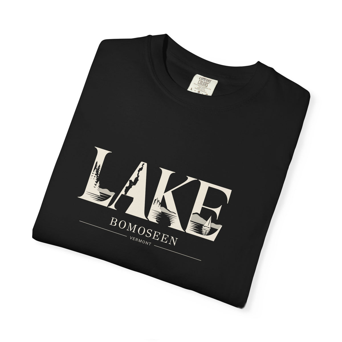 Lake Bomoseen Vermont T-Shirt | LAKE Wordmark Graphic Tee | Vermont Lake Silhouette Shirt | Comfort Colors Unisex Tee