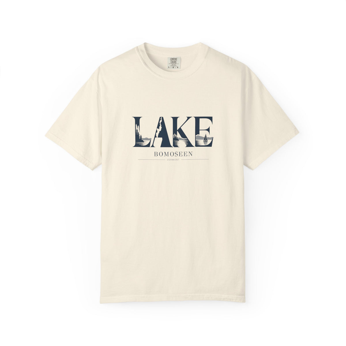 Lake Bomoseen Vermont T-Shirt | LAKE Wordmark Graphic Tee | Vermont Lake Silhouette Shirt | Comfort Colors Unisex Tee