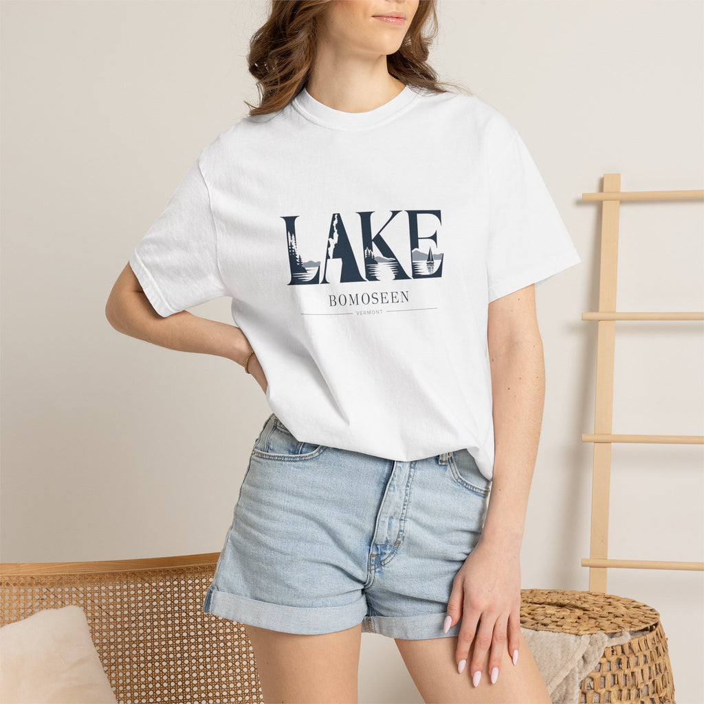 Lake Bomoseen Vermont T-Shirt | LAKE Wordmark Graphic Tee | Vermont Lake Silhouette Shirt | Comfort Colors Unisex Tee