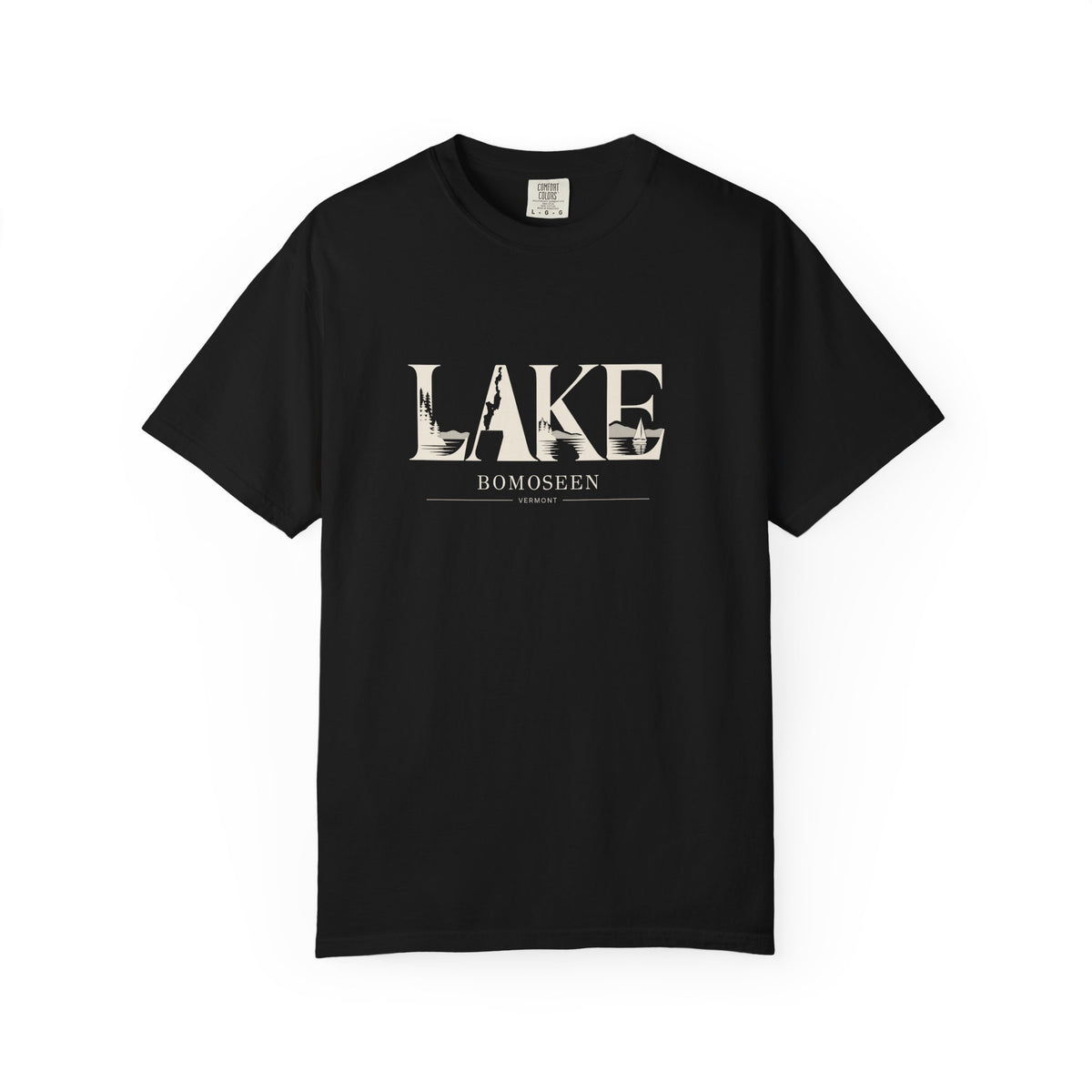 Lake Bomoseen Vermont T-Shirt | LAKE Wordmark Graphic Tee | Vermont Lake Silhouette Shirt | Comfort Colors Unisex Tee