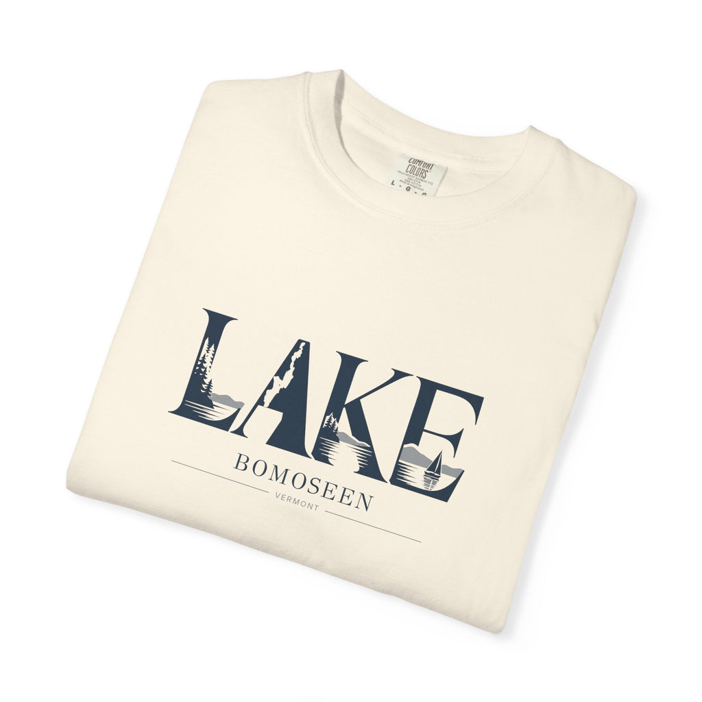 Lake Bomoseen Vermont T-Shirt | LAKE Wordmark Graphic Tee | Vermont Lake Silhouette Shirt | Comfort Colors Unisex Tee